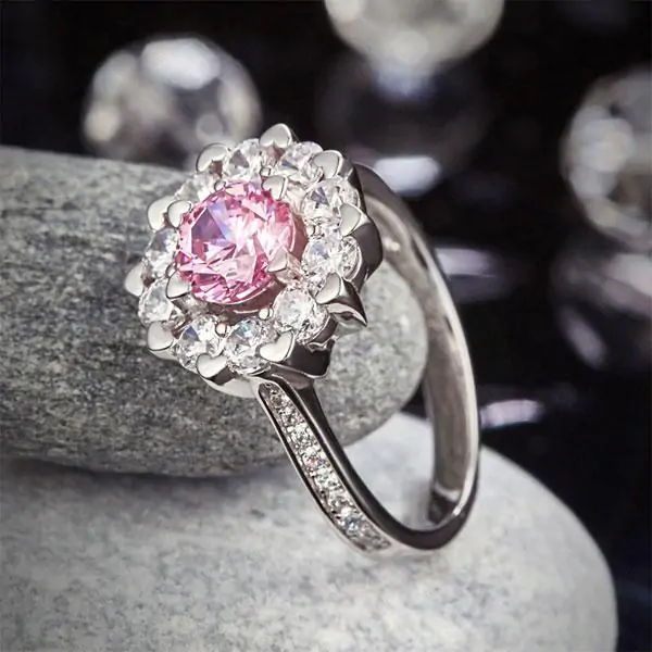 Snowflake 925 Sterling Silver Pink Created Diamond Ring - Image 5