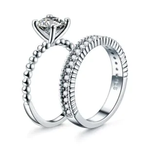 Solid 925 Sterling Silver 2-Pcs Ring Set 1 Ct Created Diamante