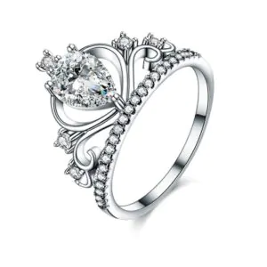 Solid 925 Sterling Silver Crown Ring 1 Carat Pear Cut