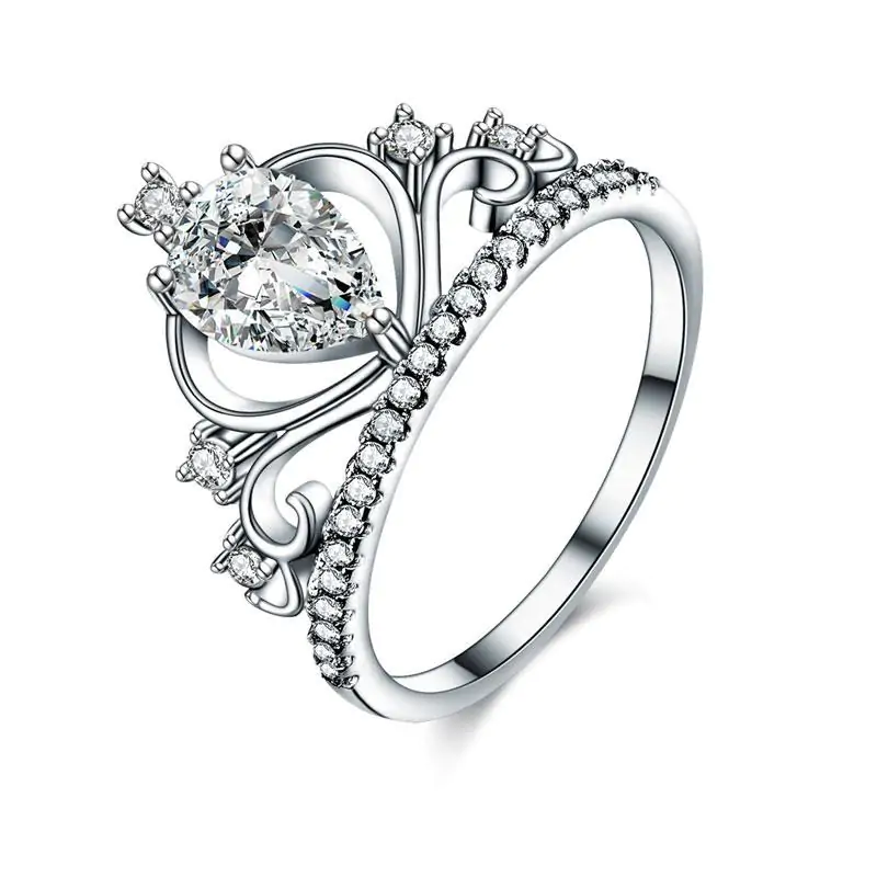 Solid 925 Sterling Silver Crown Ring 1 Carat Pear Cut