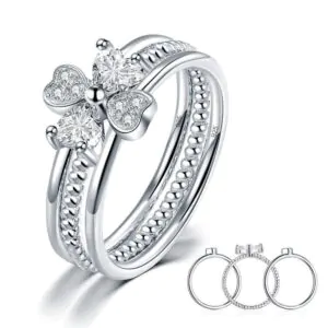Solid 925 Sterling Silver Ring Set 3-Pcs Heart Love Jewellery
