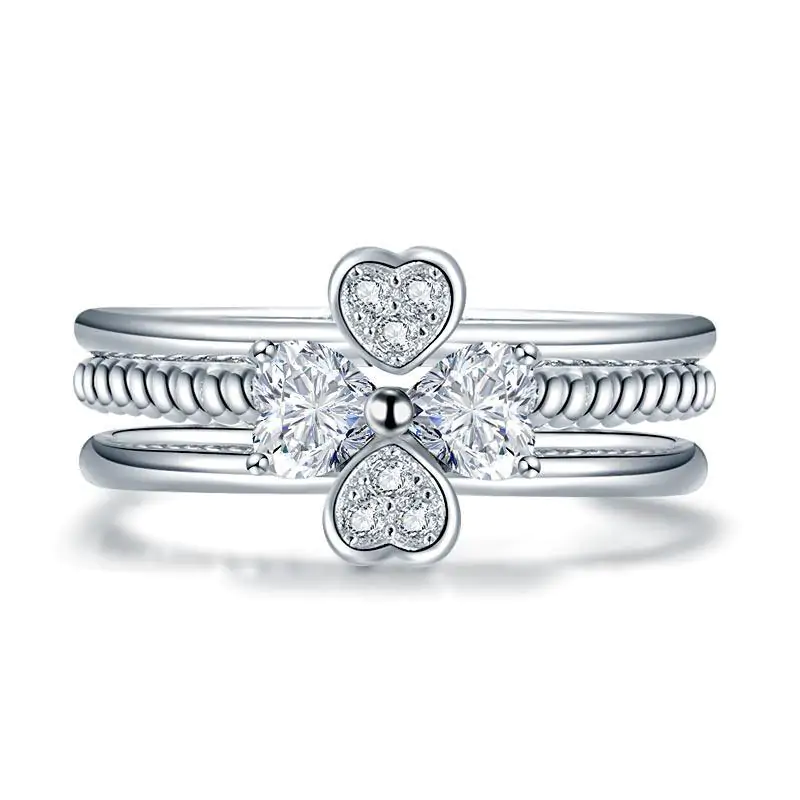 Solid 925 Sterling Silver Ring Set 3-Pcs Heart Love Jewellery - Image 2