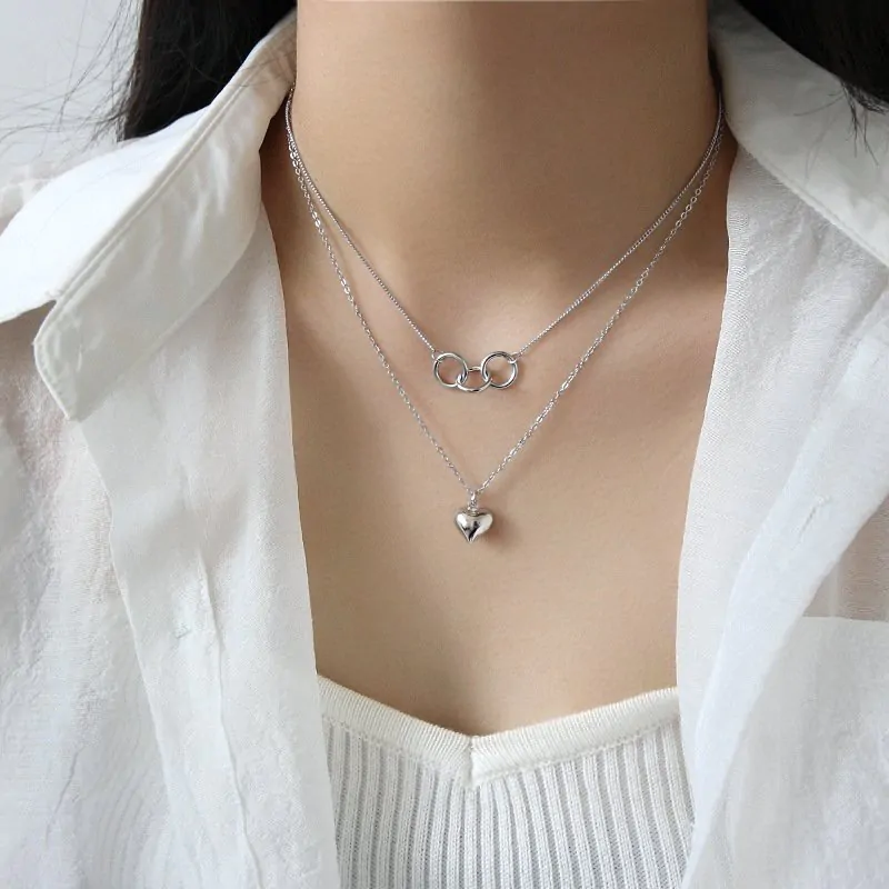 Double Circles Heart Love 925 Sterling Silver Necklace - Image 5
