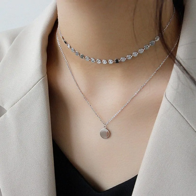 Geometric Wafer Double Layer 925 Sterling Silver Necklace - Image 2