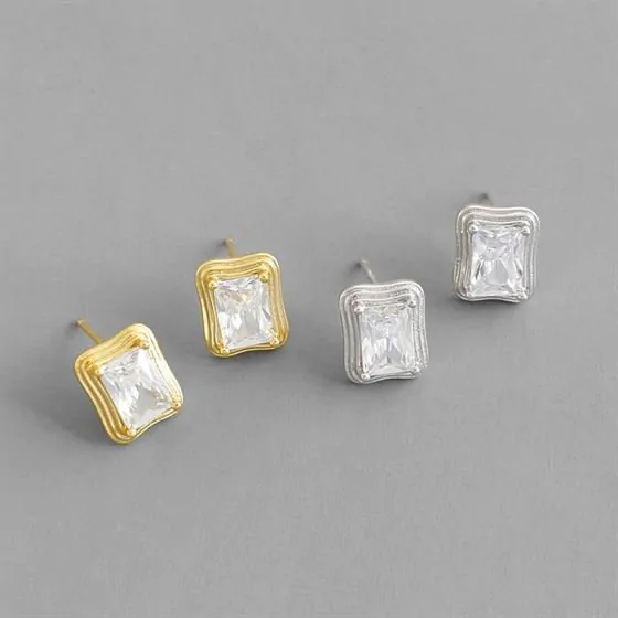 Geometric CZ Rectangle 925 Sterling Silver Stud Earrings - Image 2