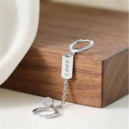 Doule Hole CZ Love Letters Rectangle 925 Sterling Silver Hoop Earrings - Image 5