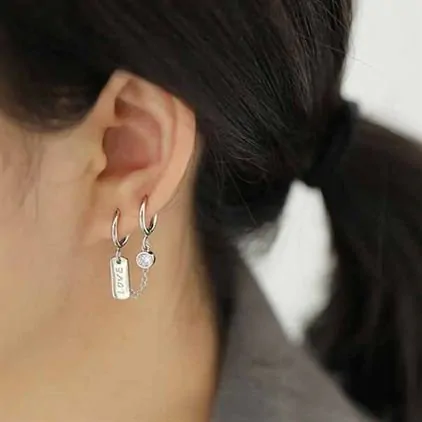 Doule Hole CZ Love Letters Rectangle 925 Sterling Silver Hoop Earrings - Image 2