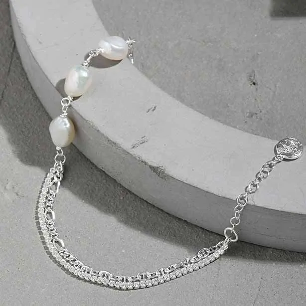 Irregular Double Layer Hollow Chain Natural Pearl 925 Sterling Silver Bracelet - Image 2