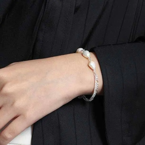 Irregular Double Layer Hollow Chain Natural Pearl 925 Sterling Silver Bracelet - Image 3