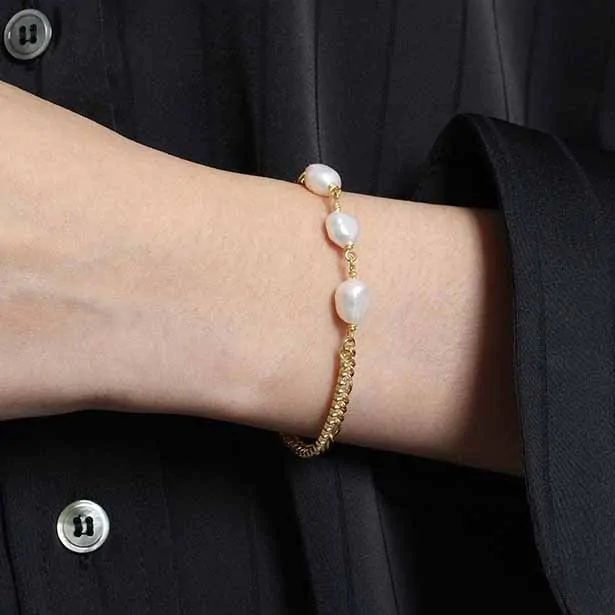Irregular Double Layer Hollow Chain Natural Pearl 925 Sterling Silver Bracelet - Image 4