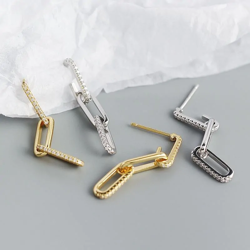 CZ Hollow Chain 925 Sterling Silver Dangling Earrings - Image 4