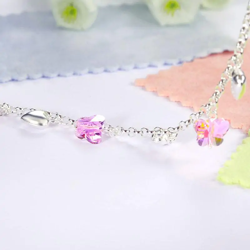 Kids Sterling Silver Pink Butterfly Hearts Bracelet - Image 4