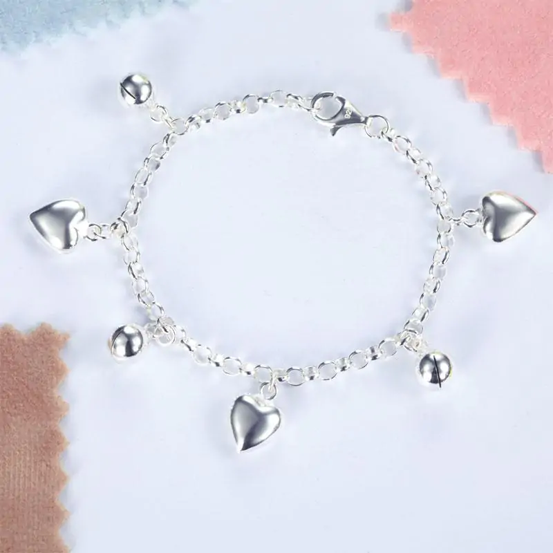 Kids Solid 925 Sterling Silver Dangle Hearts Bracelet - Image 3
