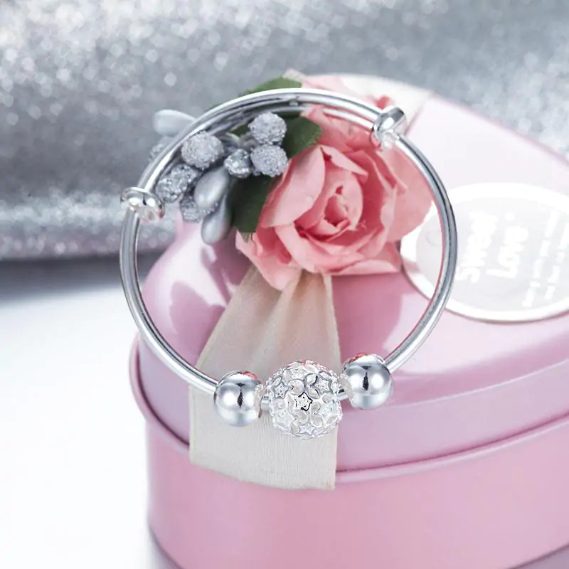 Newborn Baby 999 Pure Silver Flower Ball Baby Bangle - Image 2