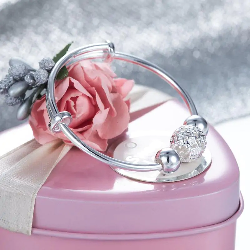 Newborn Baby 999 Pure Silver Flower Ball Baby Bangle - Image 3
