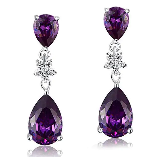Purple Pear Cut Created Sapphire Dangle Earrings - Image 2