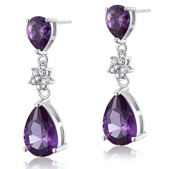 Purple Pear Cut Created Sapphire Dangle Earrings - Image 3