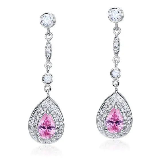 1.5 Carat Pear Cut Pink Created Sapphire Dangle Earrings - Image 3