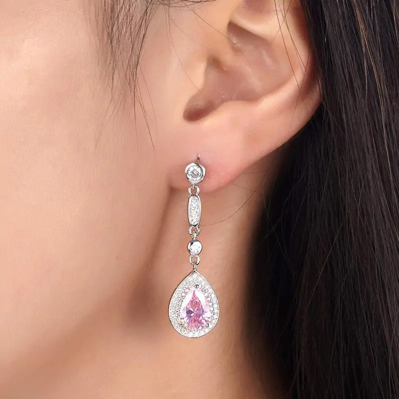1.5 Carat Pear Cut Pink Created Sapphire Dangle Earrings - Image 2