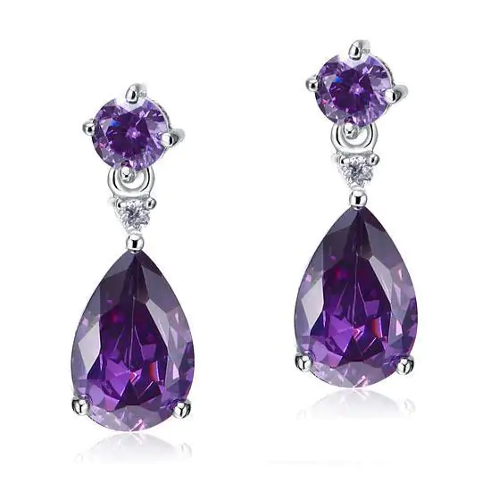 3 Carat Pear Cut Created Purple Sapphire Dangle Earrings - Image 2