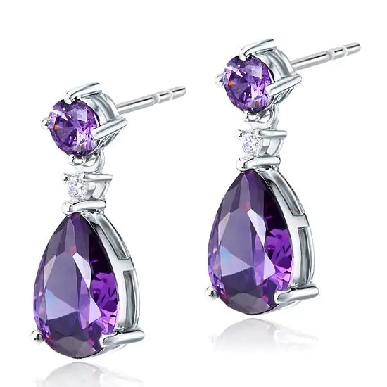 3 Carat Pear Cut Created Purple Sapphire Dangle Earrings - Image 3