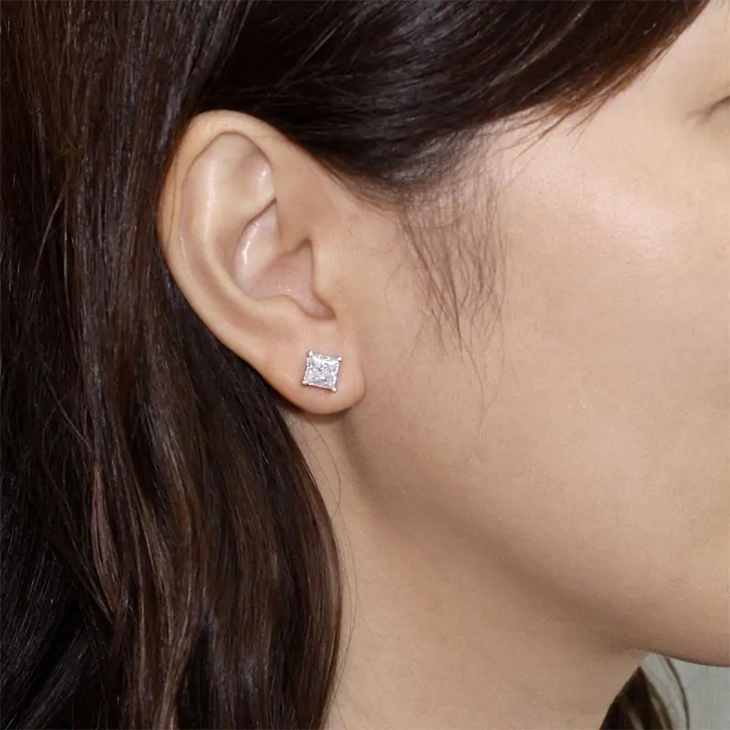 Sterling Silver Stud Earrings 1 Carat Princess Cut Created Diamond - Image 6