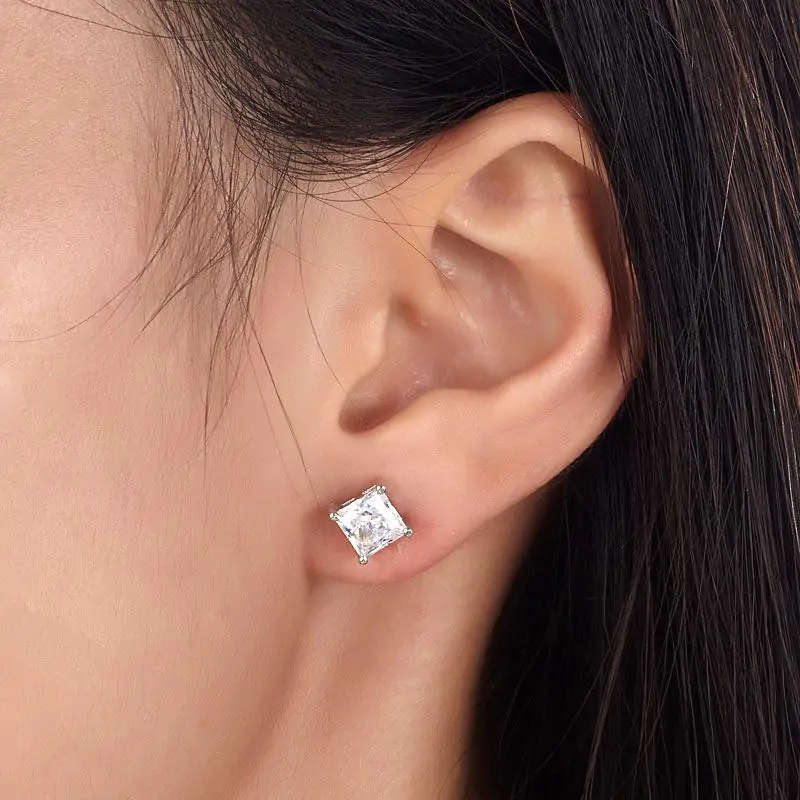 Sterling Silver Stud Earrings 1 Carat Princess Cut Created Diamond - Image 5