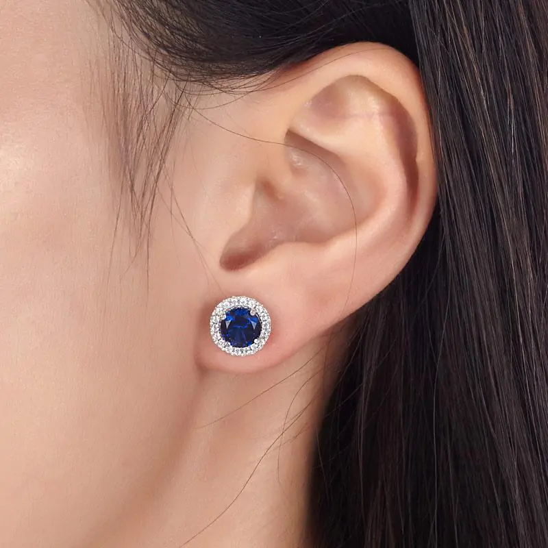 Navy Blue Created Sapphire Stud Earrings - Image 2