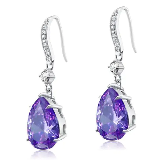 Purple Pear Created Sapphire Dangle Hook Earrings - Image 3