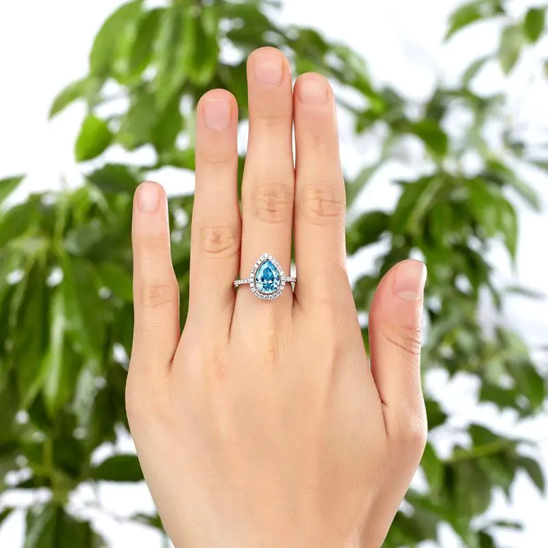 Pear Cut Blue Created Diamond Ring - Image 6