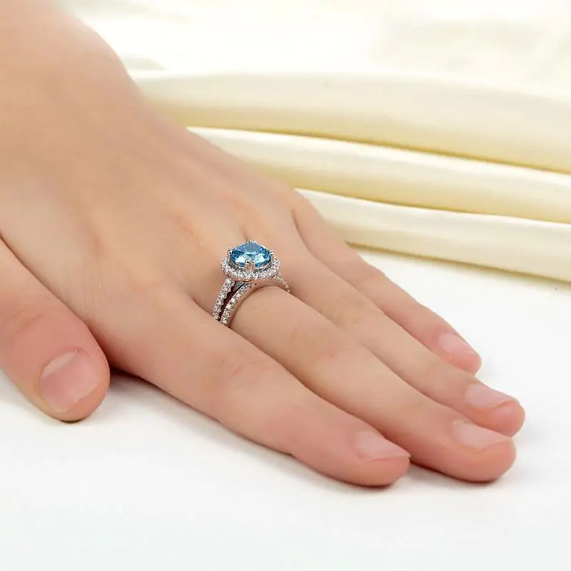 Halo Ring Set 2 Carat Blue Created Diamond - Image 6