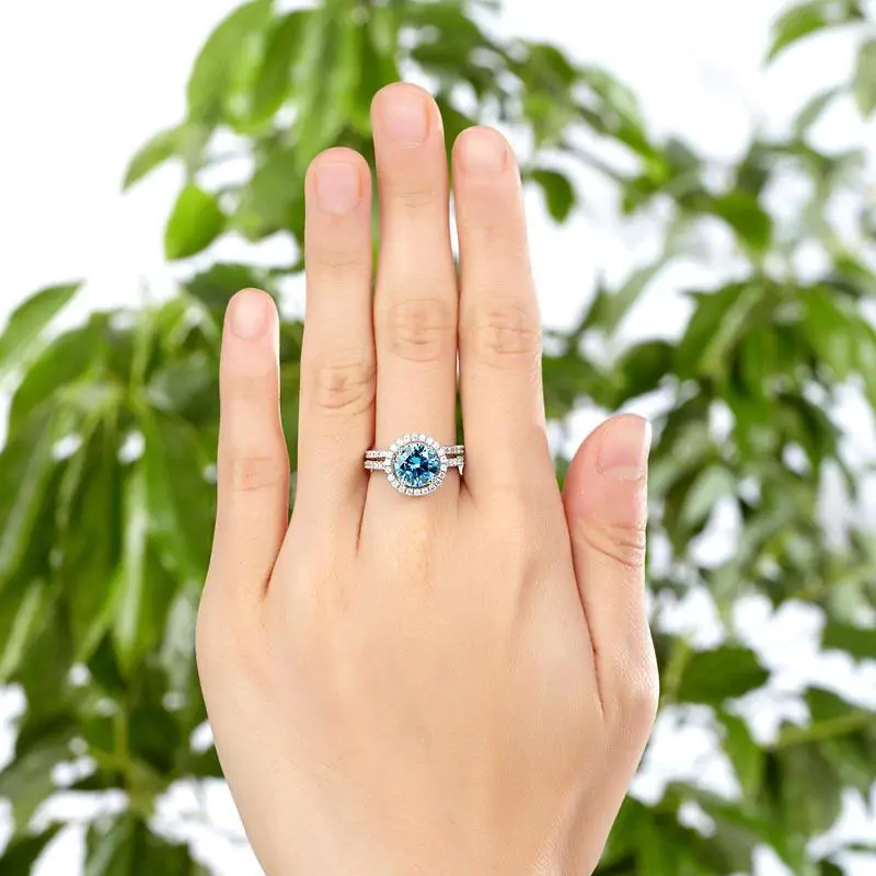 Halo Ring Set 2 Carat Blue Created Diamond - Image 7