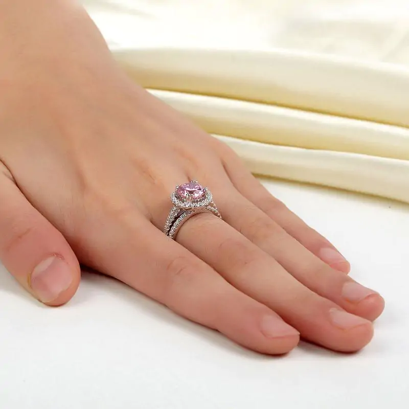 Halo 2 Carat Pink Created Diamond Ring Set - Image 7