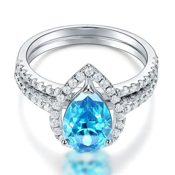2 Carat Pear Blue Created Diamond Ring Set - Image 2