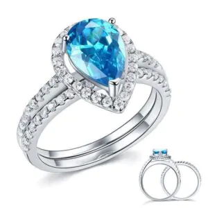 2 Carat Pear Blue Created Diamond Ring Set