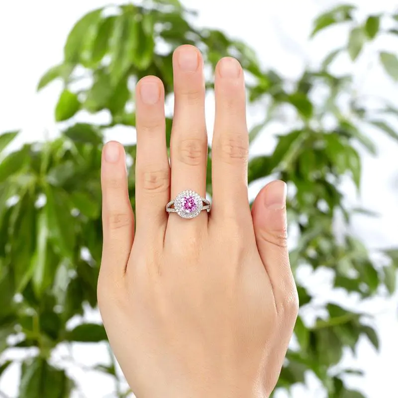 Double Halo 1.25 Ct Pink Created Diamond Ring - Image 2