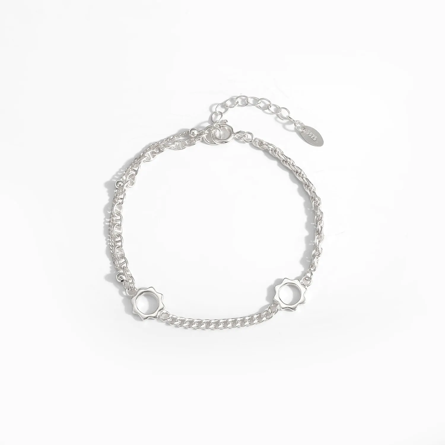 Asymmetric Rope Curb Puffed Chain Sunflower 925 Sterling Silver Bracelet - Image 4
