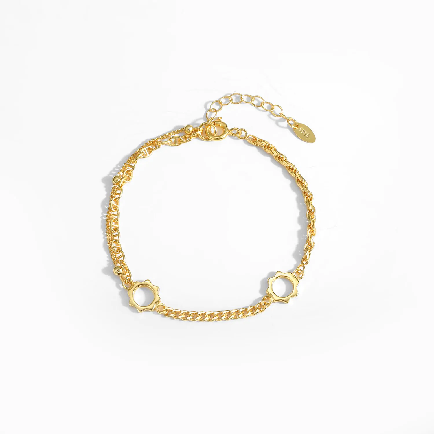 Asymmetric Rope Curb Puffed Chain Sunflower 925 Sterling Silver Bracelet