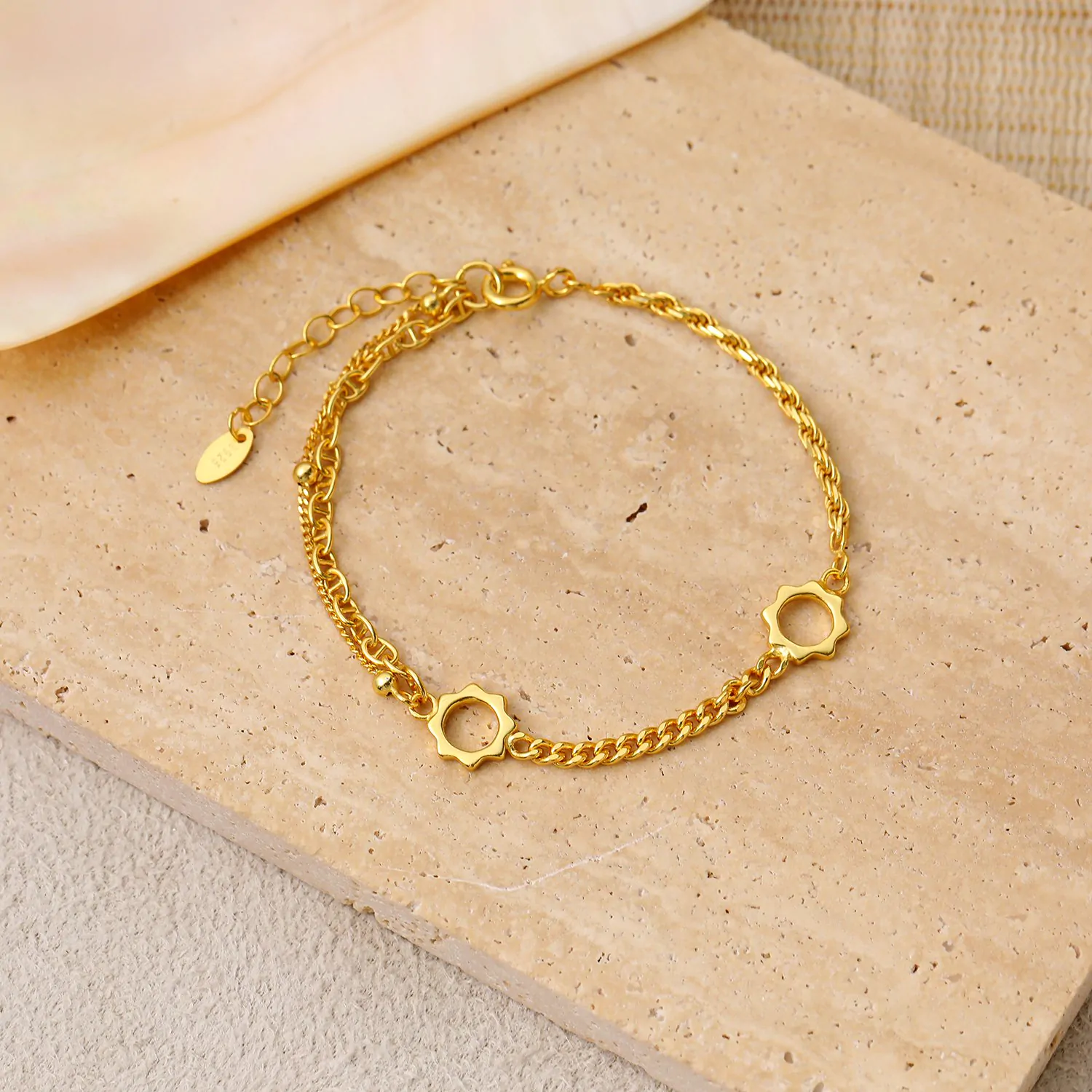 Asymmetric Rope Curb Puffed Chain Sunflower 925 Sterling Silver Bracelet - Image 2