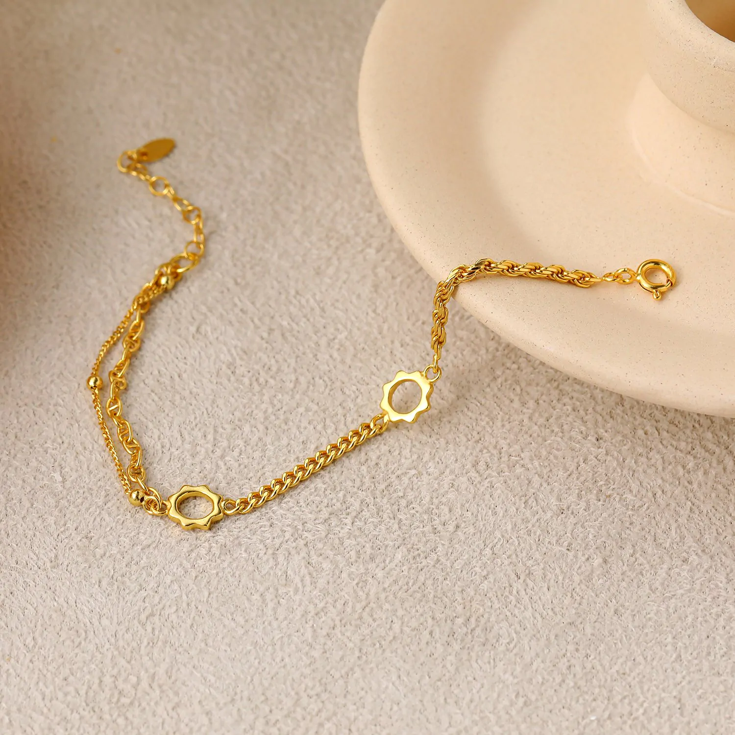 Asymmetric Rope Curb Puffed Chain Sunflower 925 Sterling Silver Bracelet - Image 3