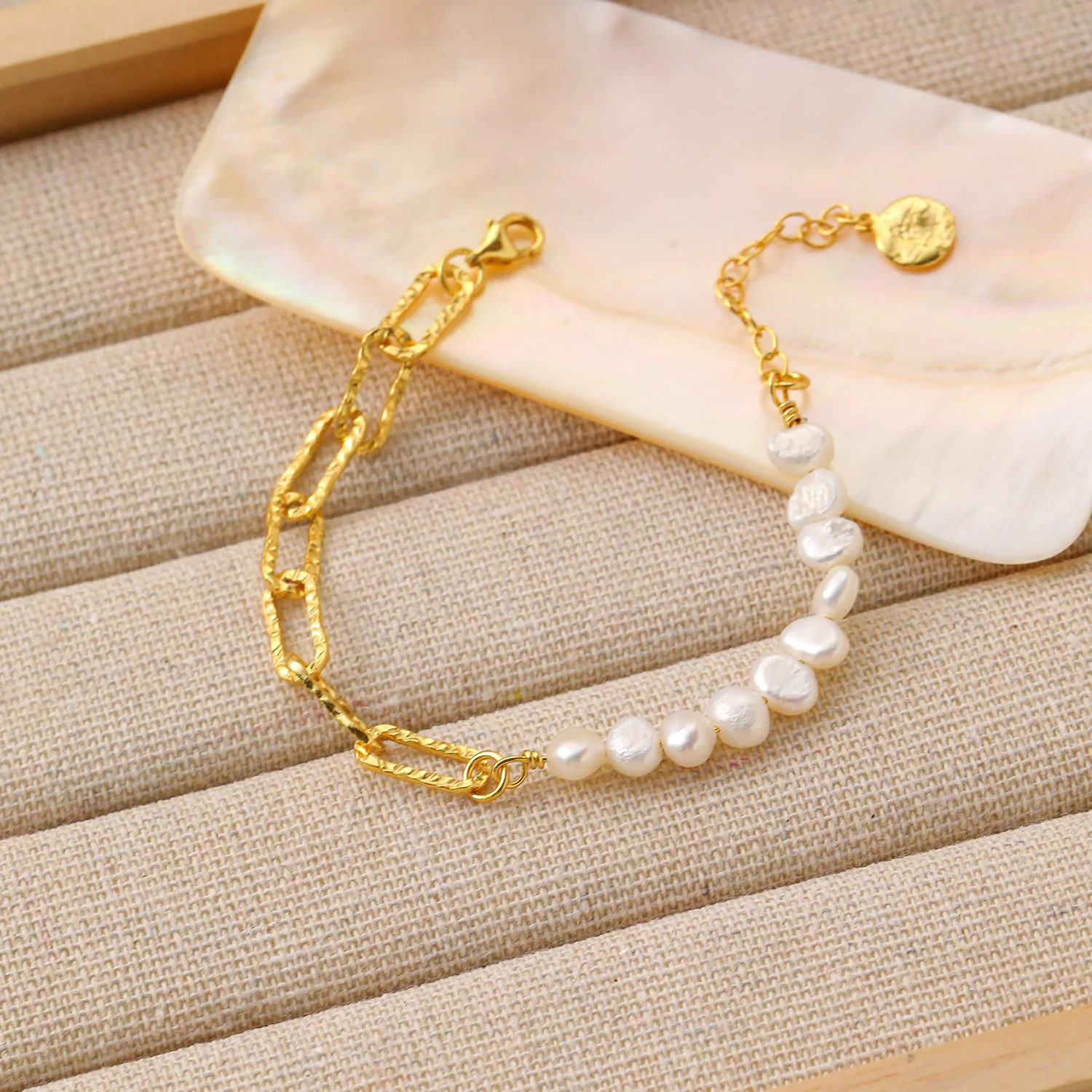 Irregular Hollow Chain Natural Pearl 925 Sterling Silver Bracelet - Image 4