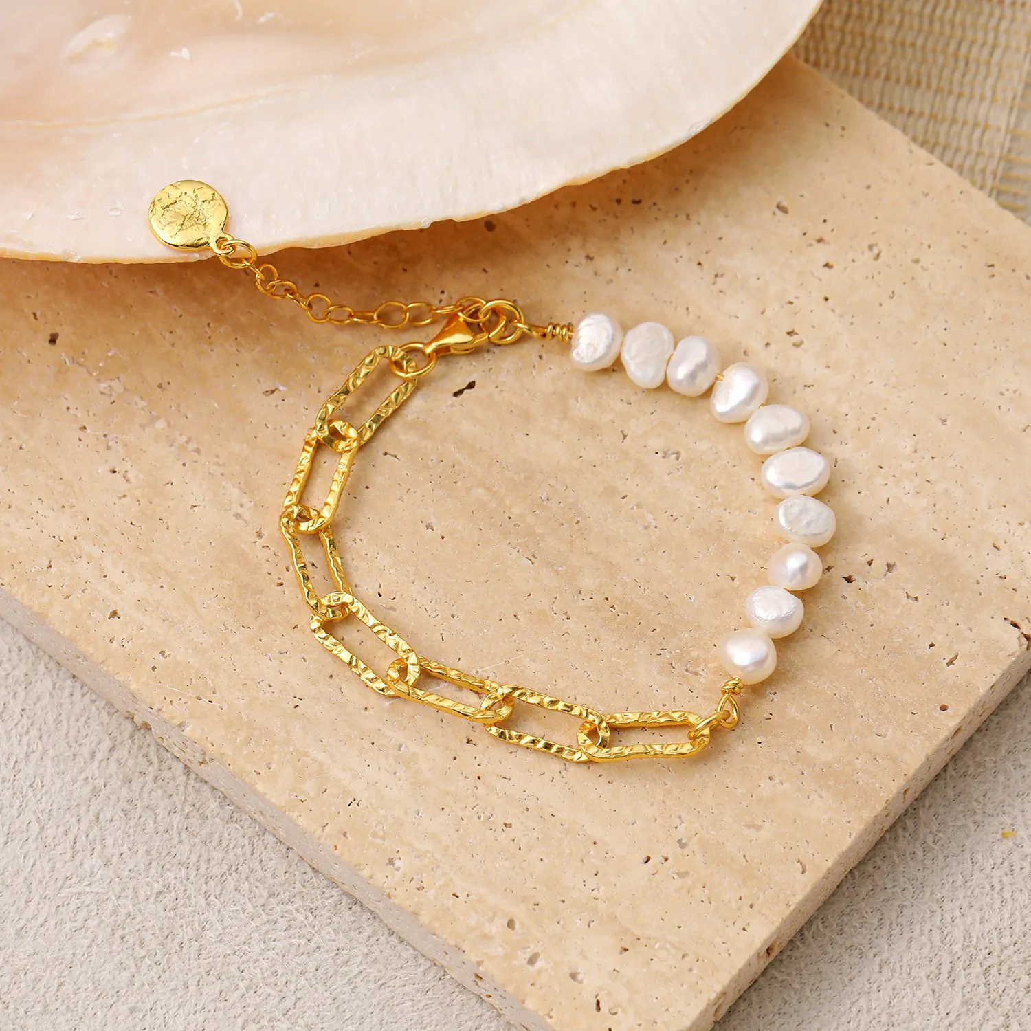 Irregular Hollow Chain Natural Pearl 925 Sterling Silver Bracelet - Image 2